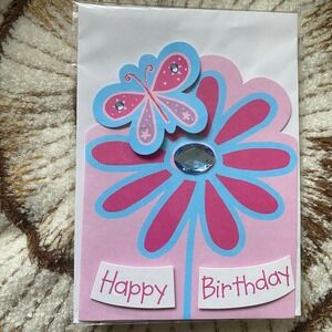 Lot of 4 Birthday cards handmade pink butterfly flower new with‎ envelope